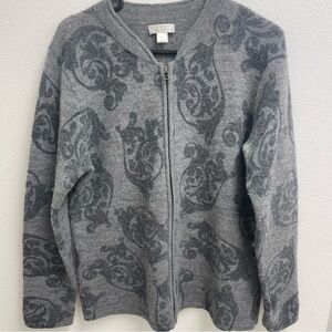 Christopher & Banks Women's Large Gray Floral Zip Sweater 100% Wool. RN 63823